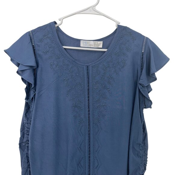 Time And Tru Womens Dusty Blue Embroidered Flutter Sleeve Top Size M 100% Rayon - Picture 2 of 10